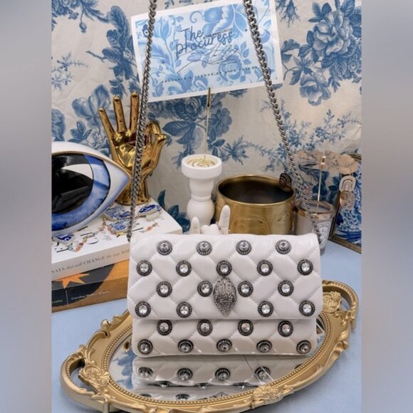 🆕 KURT GEIGER LONDON 🧿 NWOT Crystals Kensington Medium Soft Clutch, White - Picture 1 of 16